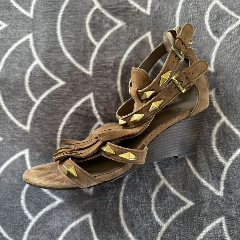 ASH Brown Suede Fringe Studded Leather Gladiator Studded Sandal Heels Sz 36 - Picture 8 of 16